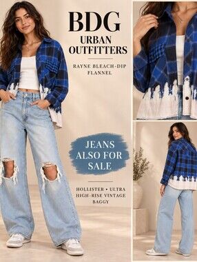BDG Urban Outfitters Rayne Bleach Dip Plaid Cropped Flannel Shirt M Y2K
